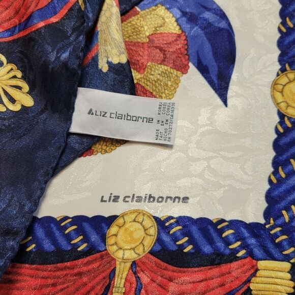 Liz Claiborne Satin Jacquard Nautical Tassel Motif Navy Blue and Red Scarf 80's - Picture 9 of 10